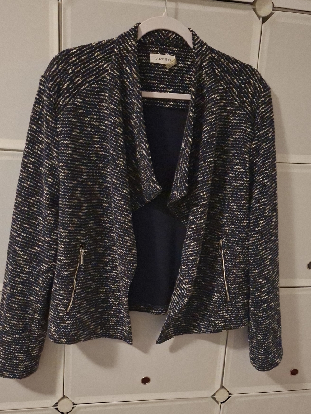 Calvin Klein Navy and Metallic Tweed Open-Front Blazer